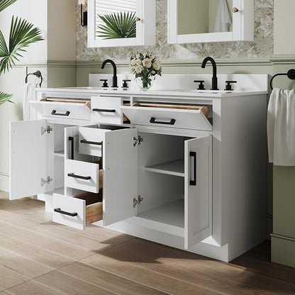 60-Inch Bathroom Vanity with Double Sinks W/ 4 Doors & 4 Drawers & 2 Flip Drawers, White Vanity W/Matte Black Handles