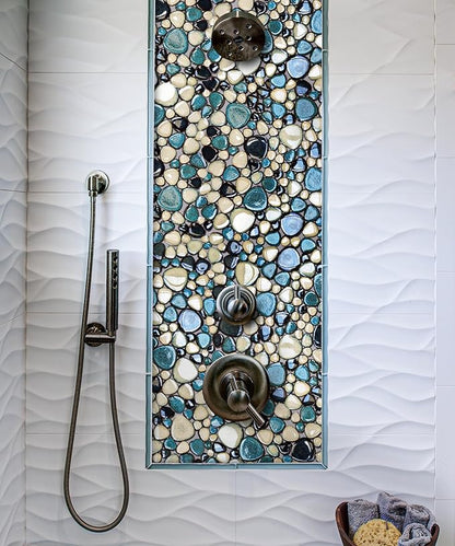 Pebble Tiles 5 Sheets, Aqua Teal Blue Mosaic Tiles for Accent Wall Backsplash, Pebble Tile for Bathroom Shower Floor