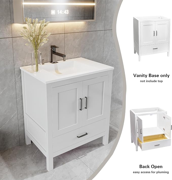 24" Bathroom Vanity Base – White Freestanding Cabinet with Bottom Drawer, Soft-Close Doors, Solid Wood Sink Base Only (No Top, 36" W x 21" D x 34.5" H)