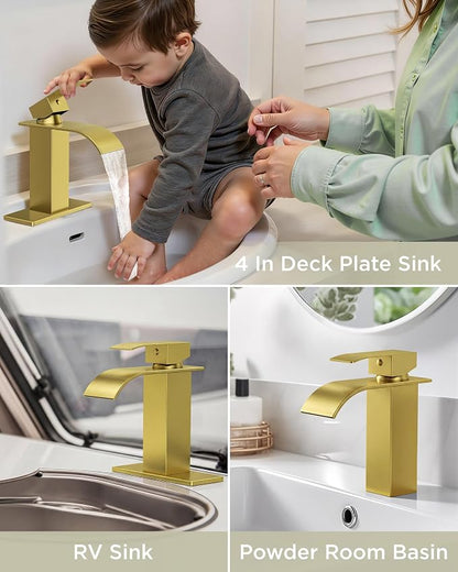 FORIOUS Bathroom Faucet 1 Hole, Waterfall Vanity Sink Faucet Brushed Gold | Bathroom Sink Faucet 1 or 3 Hole, Square Single Handle with 24" cUPC Supply Line and Pop-up Drain, Fits RV Restroom Basin