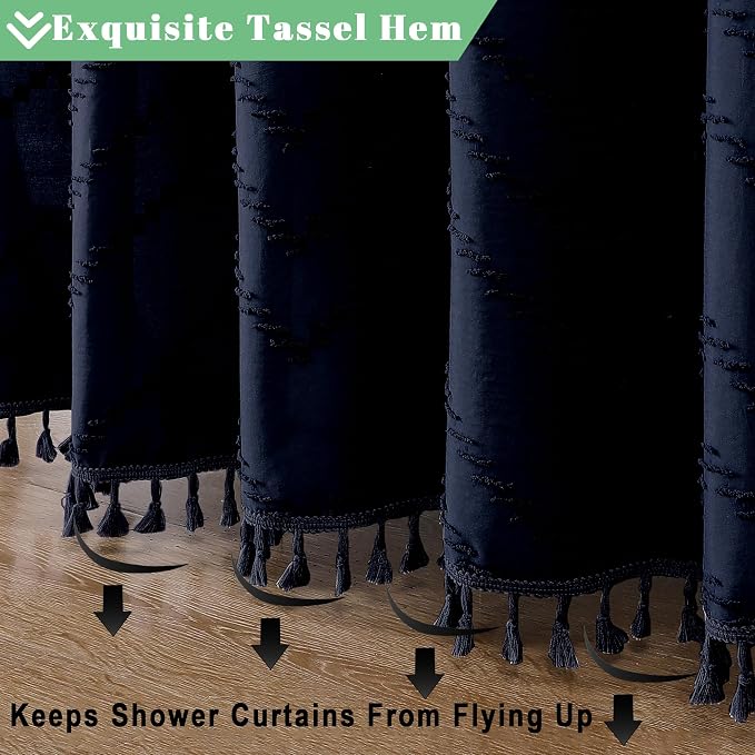 Extra Long Navy Blue Boho Shower Curtain, Chic Tufted Chevron Striped Textured Cloth Fabric Shower Curtains with Tassel for Bathroom, Soft Hotel Style Farmhouse, Machine Washable, 72x96