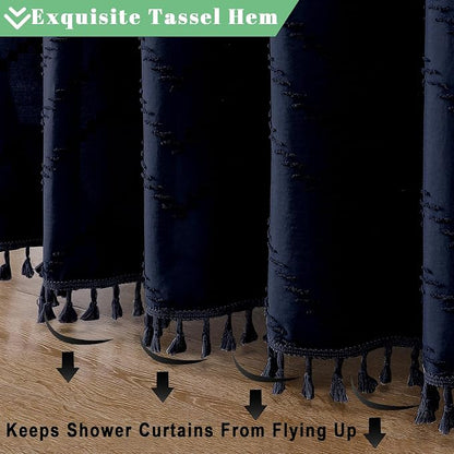 Extra Long Navy Blue Boho Shower Curtain, Chic Tufted Chevron Striped Textured Cloth Fabric Shower Curtains with Tassel for Bathroom, Soft Hotel Style Farmhouse, Machine Washable, 72x96