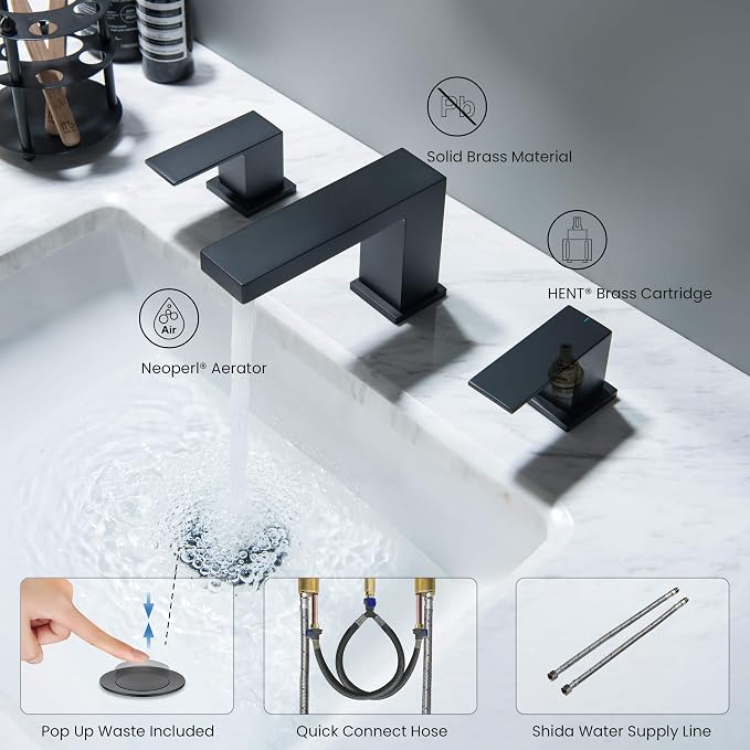 2-Handle Cube Bathroom Sink Faucet with Drain Assembly | 3-Hole Installation, Solid Brass Construction | 8-Inch Wide Spread Lavatory Faucet | Matte Black, KBF1024
