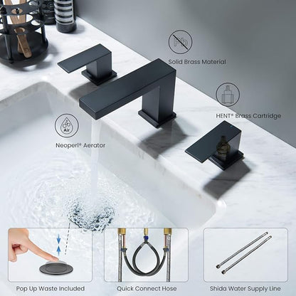 2-Handle Cube Bathroom Sink Faucet with Drain Assembly | 3-Hole Installation, Solid Brass Construction | 8-Inch Wide Spread Lavatory Faucet | Matte Black, KBF1024