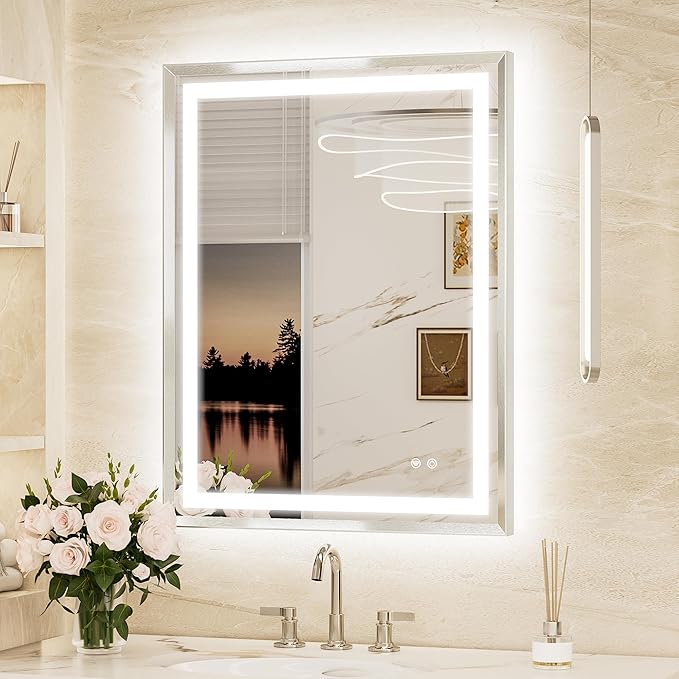 Keonjinn 28x36 Inch Nickel LED Bathroom Mirror with Lights, Beveled Edge | Frontlit & Backlit, Lighted Bathroom Mirror, HD Tempered Glass, 3 Color Temperatures, Anti-fog, Stepless Dimmable