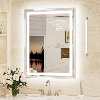 Keonjinn 28x36 Inch Nickel LED Bathroom Mirror with Lights, Beveled Edge | Frontlit & Backlit, Lighted Bathroom Mirror, HD Tempered Glass, 3 Color Temperatures, Anti-fog, Stepless Dimmable
