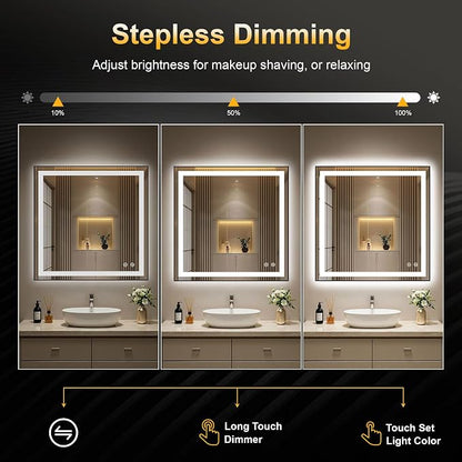 LED Bathroom Mirror with Light, 30x30 Vanity Mirror for Wall with Frame | Anti-Fog, Dimmable 3 Colors, Memory Function, Backlit and Front Lit, Shatter-Proof Glass, Plug-in/Hardwired
