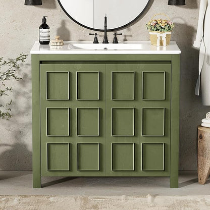 36" Bathroom Vanity,Farmhouse Vanity with Ceramic Sink, Set Bathroom Storage Cabinet, Olive Green