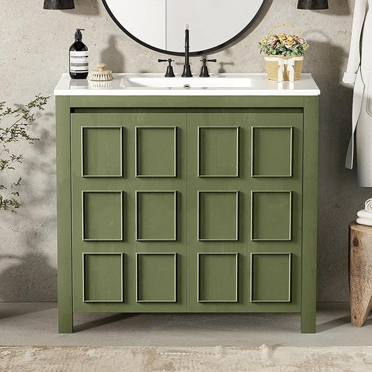 36" Bathroom Vanity,Farmhouse Vanity with Ceramic Sink, Set Bathroom Storage Cabinet, Olive Green