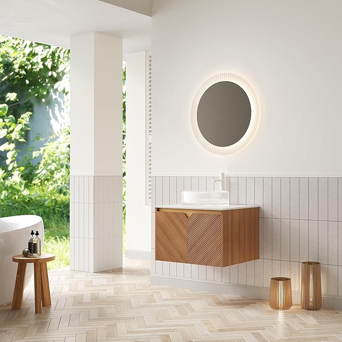 24 Inch Bathroom Vanity with Sink, Floating Fluted Vanity with Vessel Sink, Small Wall Mounted Bathroom Vanity Cabinet with 2 Doors, Glass Vessel Sink & Sintered Stone Top, Oak