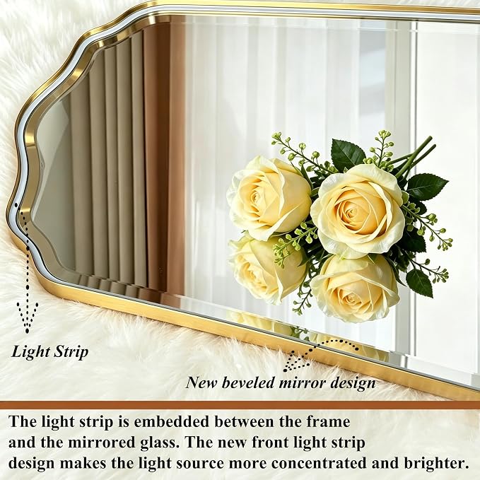 POZINO 36"x24" Scalloped LED Bathroom Mirror with Lights, Gold Metal Frame | Beveled Edge, 3 Color Dimmable, Anti-Fog, Memory Function, IP65 Waterproof, Smart Bathroom Vanity Mirror with Front Lights