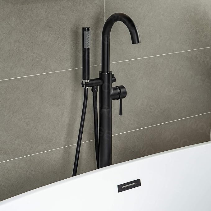 Woodbridge Contemporary Single Handle Floor Mount Freestanding Tub Filler Faucet with Hand Shower in Matte Black Finish,F0006MBRD