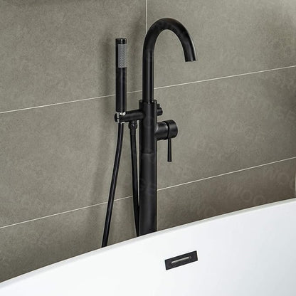 Woodbridge Contemporary Single Handle Floor Mount Freestanding Tub Filler Faucet with Hand Shower in Matte Black Finish,F0006MBRD