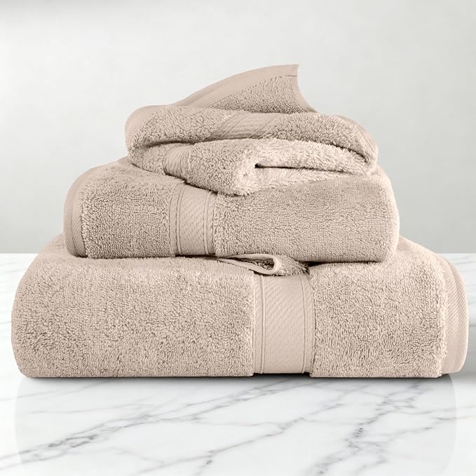 SUPERIOR Egyptian Cotton Ultra Plush & Absorbent, 3 Piece Set, Stone | Quick Dry, Soft Luxury Towel Set, Bath Essentials, Guest Bath, Spa, 1 Bath, 1 Hand, 1 Face Towels, Madeline Towels