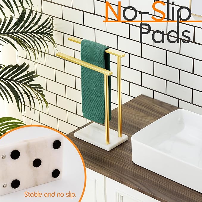 Hand Towel Bars for Bathroom Vanity Countertop 2-Tier Towel Rack Holders Stand with Heavy Marble Base Thicken Steady, Brushed Gold Stainless Steel AN7003GD