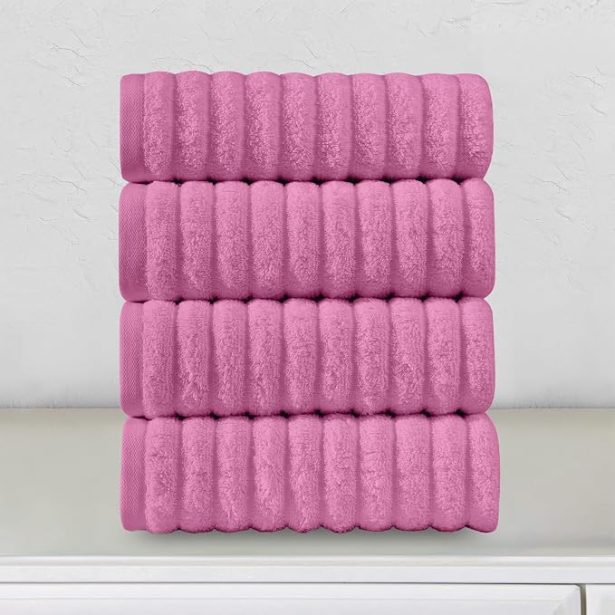 Elegant Comfort Luxury 100% Turkish Cotton Corduroy Ribbed 4 Pack Hand Towel Set 16 x 28 Inch - Absorbent, Super Soft, Quick Dry, Premium Towels for Bathroom, Gym, Spa and Hotel Use, Light Pink