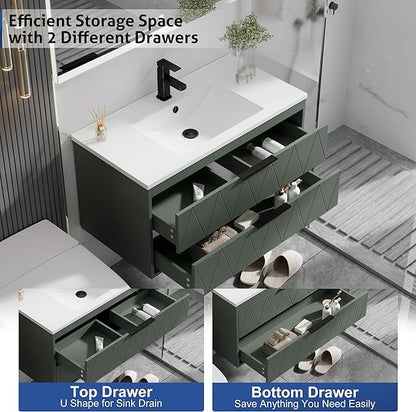 eclife 36" Bathroom Vanities Cabinet with Sink Combo, Wall Mounted Floating Cabinet W/Decor Line, Soft-Close System, 2 Extra Big Drawers, Matte Black Faucet, Gray Green
