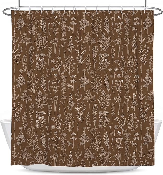 Coxila Brown Floral Shower Curtain Vintage Retro Flower Rustic Country Cute White Spring Wildflower Plant Botanical Cottagecore Leaf Mens Masculine Bathroom 60 x 72 Inch Polyester Fabric 12 Pack Hooks