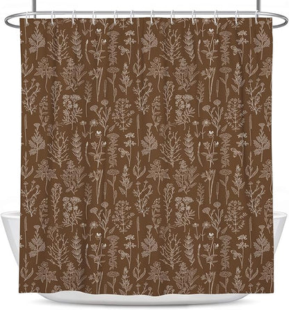 Coxila Brown Floral Shower Curtain Vintage Retro Flower Rustic Country Cute White Spring Wildflower Plant Botanical Cottagecore Leaf Mens Masculine Bathroom 60 x 72 Inch Polyester Fabric 12 Pack Hooks
