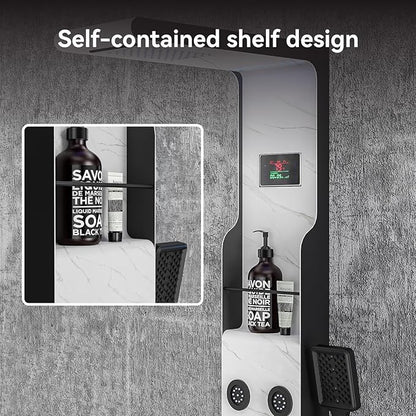 ELLO&ALLO LED Rainfall Shower Head and Rain Massage System with Body Jets Stainless Steel Bathroom Shower Panel Tower System with Shelf, Marble&Black