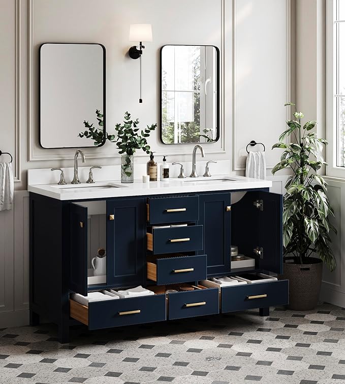 ARIEL Cambridge 60-inch Bathroom Vanity with Sink,Solid Wood, 1.5-inch Pure White Quartz Countertop, Double Rectangular Porcelain Sink, 4 Soft Closing Doors, 6 Dovetail Drawers, Midnight Blue
