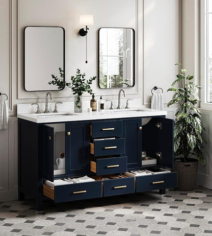 ARIEL Cambridge 60-inch Bathroom Vanity with Sink,Solid Wood, 1.5-inch Pure White Quartz Countertop, Double Rectangular Porcelain Sink, 4 Soft Closing Doors, 6 Dovetail Drawers, Midnight Blue