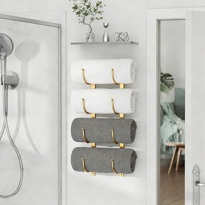 Rolled Towel Rack for Bathroom– 4-Tier Rolled Towel Storage Holder,Metal Organizer for Towels & Large Bath Sheets, Space Saving Rack for Small Bathroom, RV, Camper, Closet, Gold Metal