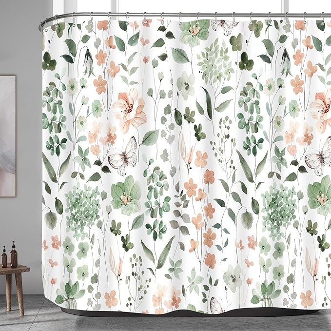 Extra Wide Flower Shower Curtain 108 x 72, Sage Green Flower Shower Curtains for Claw Foot Tub, Modern Watercolor Floral 108 inch Long Shower Curtain Set with 18 Pack Plastic C-Hooks