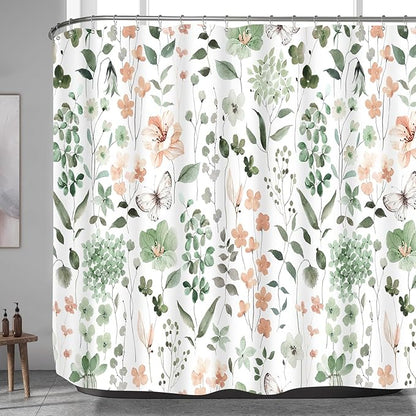 Extra Wide Flower Shower Curtain 108 x 72, Sage Green Flower Shower Curtains for Claw Foot Tub, Modern Watercolor Floral 108 inch Long Shower Curtain Set with 18 Pack Plastic C-Hooks