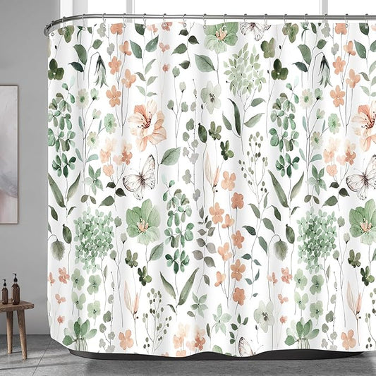 Extra Wide Flower Shower Curtain 108 x 72, Sage Green Flower Shower Curtains for Claw Foot Tub, Modern Watercolor Floral 108 inch Long Shower Curtain Set with 18 Pack Plastic C-Hooks