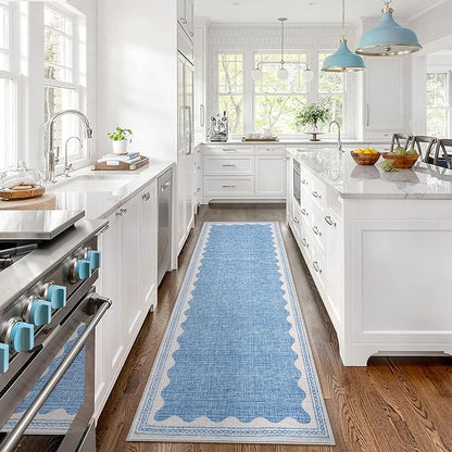 Garvee Washable Hallway Runner Rug 2x6 Runner Rug Bordered Wave Print Blue | Non Slip Entryway Rugs Foldable Non-Shedding Carpet Low Pile Stain-Resistant Indoor Soft Rugs for Laundry Kitchen Bathroom