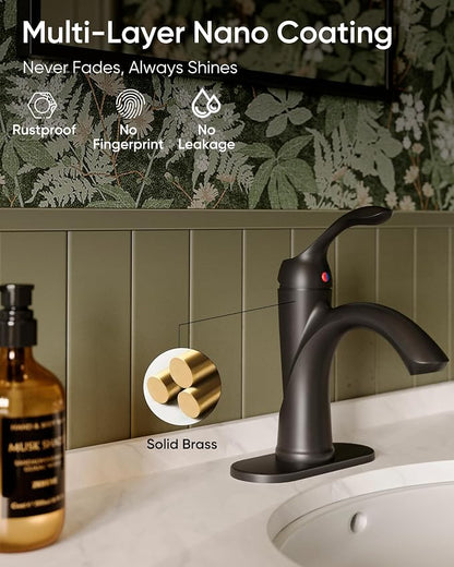 Matte Black Bathroom Faucet 1 Hole One-Handle Lever Bathroom Sink Faucets | Bath Rustic Lavatory Basin Mixer Tap with Pop Up Drain with Overflow Supply Hose by Homevacious
