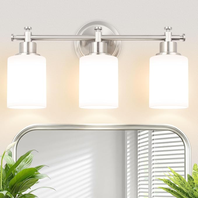 Brushed Nickel Bathroom Vanity Light, 3 Light Modern Wall Sconces, 17.5Inch | Anti-Rust Vanity Light Over Mirror, Vanity Light Fixture with White Frosted Glass Shades for Bathroom, Bedroom, E26 Socket
