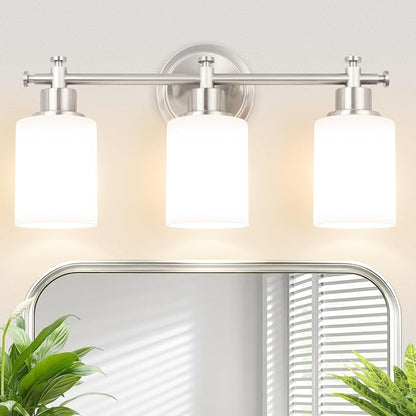 Brushed Nickel Bathroom Vanity Light, 3 Light Modern Wall Sconces, 17.5Inch | Anti-Rust Vanity Light Over Mirror, Vanity Light Fixture with White Frosted Glass Shades for Bathroom, Bedroom, E26 Socket