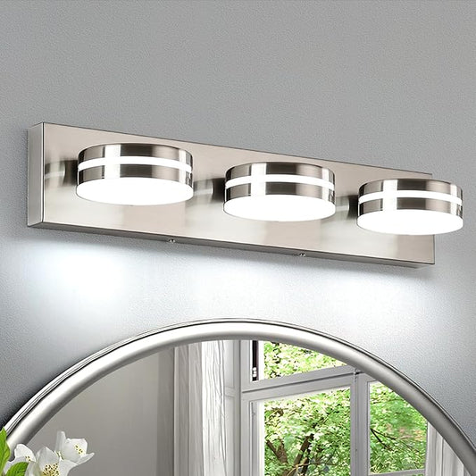Brushed Nickel Bathroom Vanity Light, (24in Dimmable) 3-Light Bathroom Light Fixtures Over Mirror, LED 5500K Vanity Lights with 360°Rotating Lamp Head
