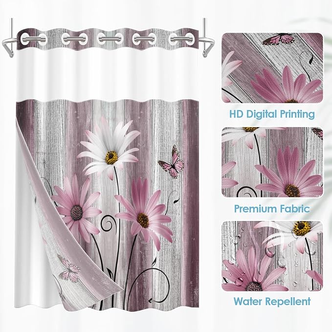 No Hook Shower Curtain with Snap in Liner 54x80 Inch Pink Daisy | Farmhouse Flower Rustic Modern Double Layers Waterproof Fabric with See Through Top Window Open Grommet Bath Curtain