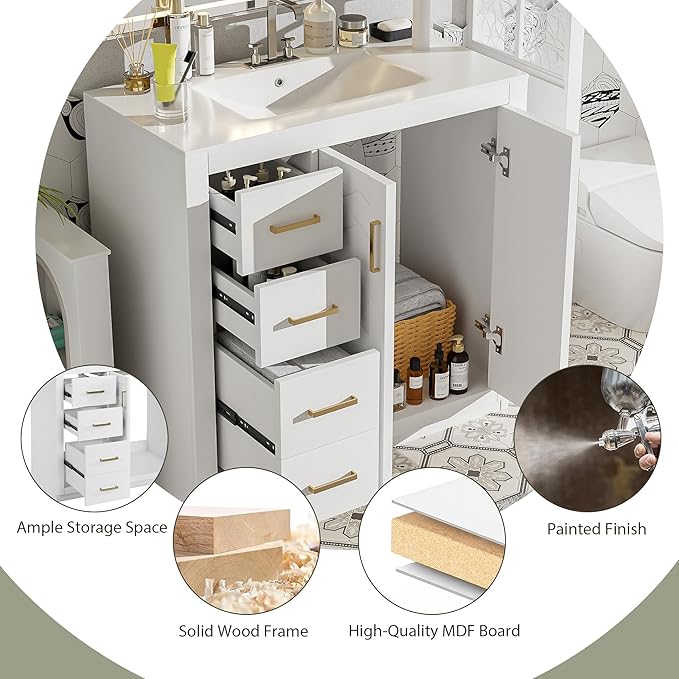 Merax Herringbone Single Sink Bathroom Vanity, Freestanding 36" Modern Bathroom Vanity Storage Cabinet with 3 Drawers and 2 Doors, Solid Wood Frame