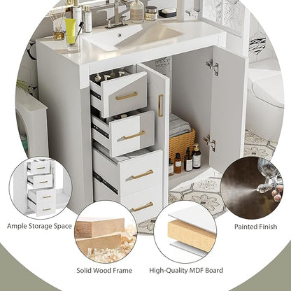 Merax Herringbone Single Sink Bathroom Vanity, Freestanding 36" Modern Bathroom Vanity Storage Cabinet with 3 Drawers and 2 Doors, Solid Wood Frame