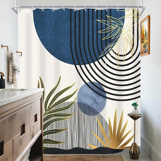 Mid Century Blue Green Boho Abstract Modern Bathroom Shower Curtain Set | 72Wx72L S Plant design, waterproof HD print with fast-drying fabric and 12 hooks.