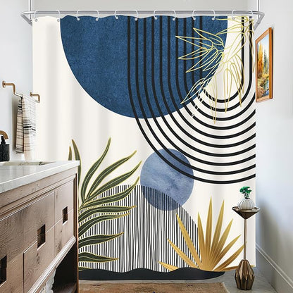 Mid Century Blue Green Boho Abstract Modern Bathroom Shower Curtain Set | 72Wx72L S Plant design, waterproof HD print with fast-drying fabric and 12 hooks.