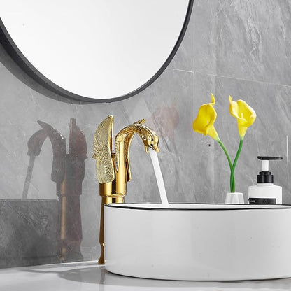 Gold Swan Shape Single Handle One Hole Bathroom Vessel Sink Faucet Deck Mount Lavatory Sink Faucet