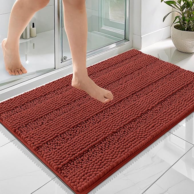 OLANLY Thick Bathroom Rugs 36x24, Chenille Bath Rugs, Rustic Terracotta | Rubber Backing, Machine Wash, Extra Absorbent Striped Bath Mats for Bathroom Floor, Tub and Shower, Home Decor Accessories