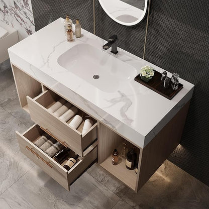 40" Modern Oak Bathroom Vanity Floating Bathroom Vanities with Ceramic Sink 40-inch Wall Mounted Bathroom Sink Cabinet with 2 Drawers&2 Open Shelves&Gold Metal Handle