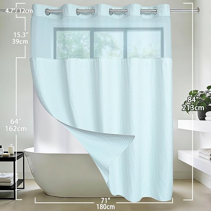Conbo Mio Extra Long No Hook Waffle Weave Shower Curtain with Snap in Liner Set, Hotel Luxury Blue Shower Curtains for Bathroom with See Through Top Window, Waterproof, Washable 71W x 84H