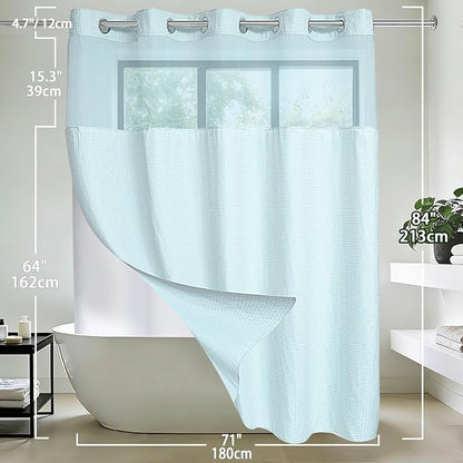 Conbo Mio Extra Long No Hook Waffle Weave Shower Curtain with Snap in Liner Set, Hotel Luxury Blue Shower Curtains for Bathroom with See Through Top Window, Waterproof, Washable 71W x 84H
