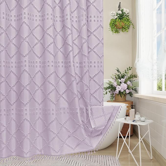 Lavender Boho Fabric Shower Curtain with Tassel 72x84, Tufted Textured | Modern Farmhouse Curtain for Bathroom, Extra Long Bathroom Curtain, Minimalist Decor, Waterproof