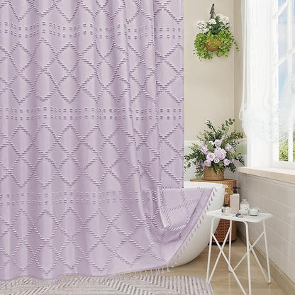 Lavender Boho Fabric Shower Curtain with Tassel 72x84, Tufted Textured | Modern Farmhouse Curtain for Bathroom, Extra Long Bathroom Curtain, Minimalist Decor, Waterproof
