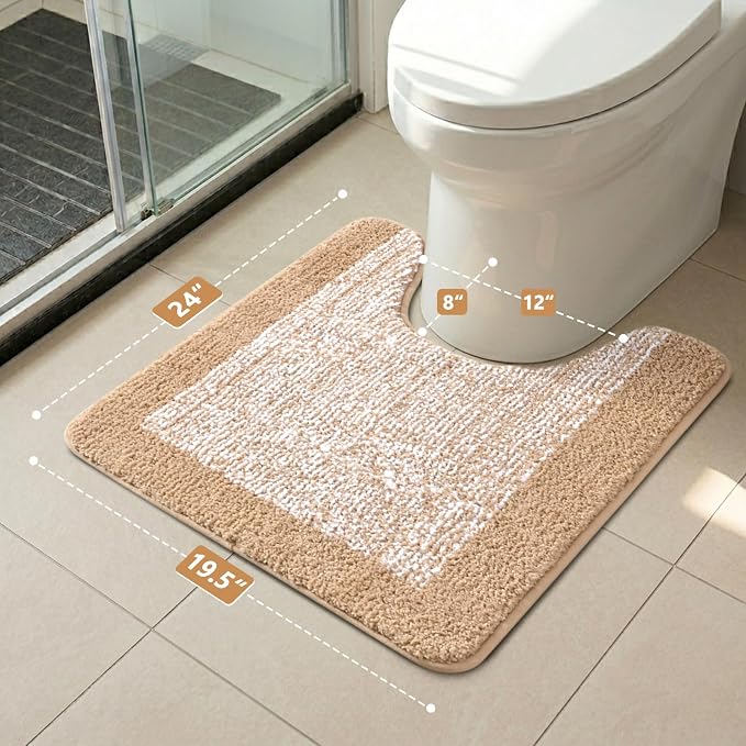 Toilet Rugs U-Shaped 24x19, Non-Slip Plush Shaggy Quick Dry Bathroom Contour Rugs, Extra Soft Absorbent Chenille Washable Bath Mat for Toilet Base, Beige