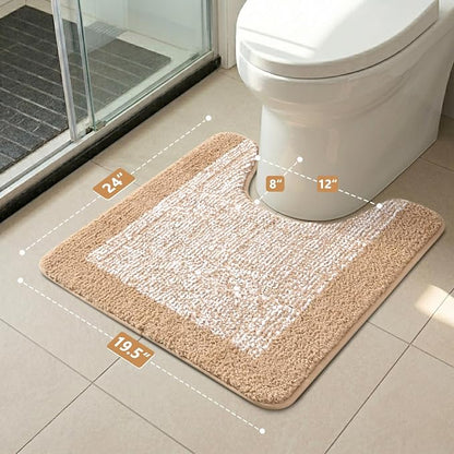 Toilet Rugs U-Shaped 24x19, Non-Slip Plush Shaggy Quick Dry Bathroom Contour Rugs, Extra Soft Absorbent Chenille Washable Bath Mat for Toilet Base, Beige