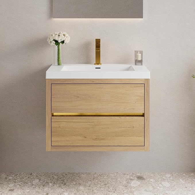 Abruzzo 30" Natural Oak Wall-Mounted Bathroom Vanity with Sink – Stone Resin Countertop & Soft-Close Drawers, Waterproof Wood Cabinet for Small Bathrooms